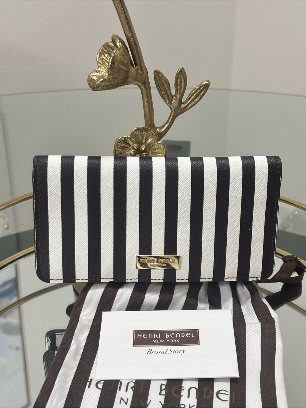 Henri Bendel Centennial Stripe XL Smartphone Wallet Case Black White Saffiano